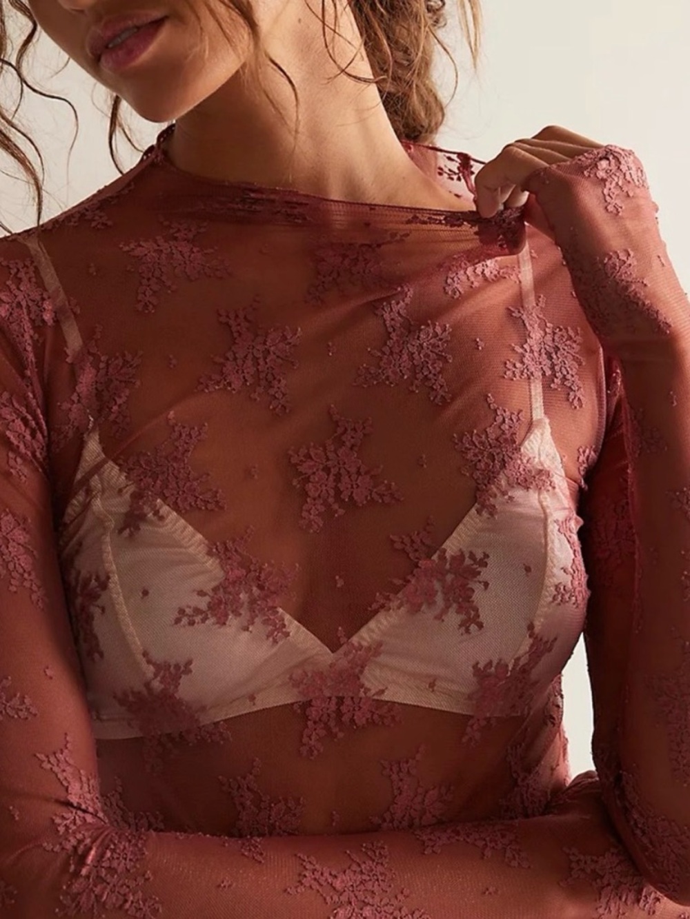 Free People Sheer Long-Sleeve Mesh Top in Dusty Rose
